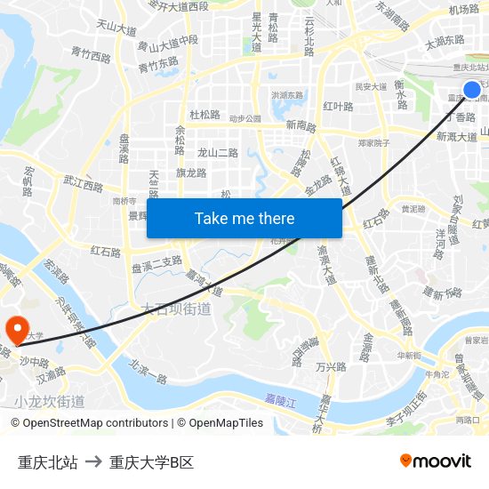 重庆北站 to 重庆大学B区 map