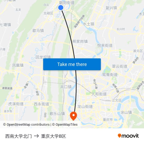 西南大学北门 to 重庆大学B区 map