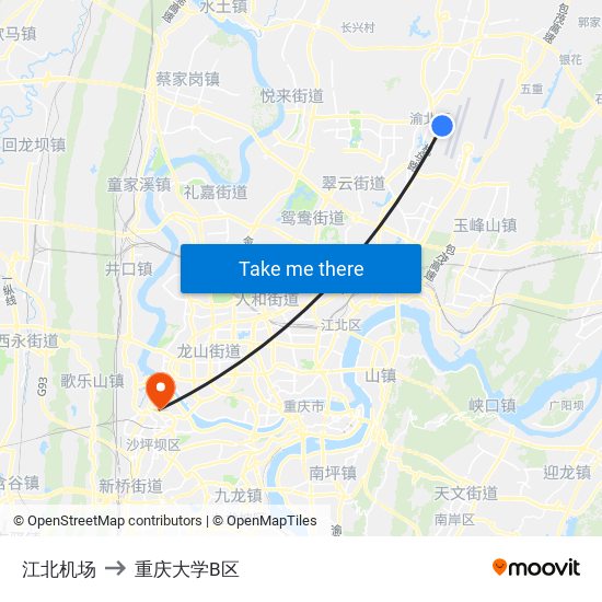 江北机场 to 重庆大学B区 map