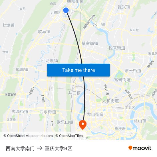 西南大学南门 to 重庆大学B区 map