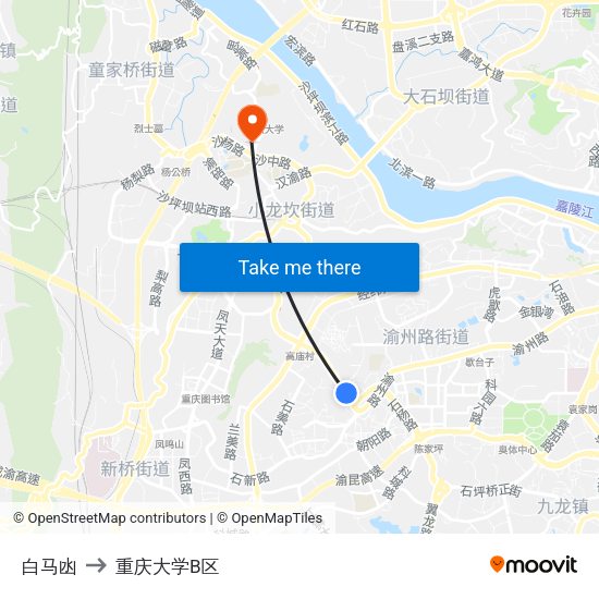 白马凼 to 重庆大学B区 map