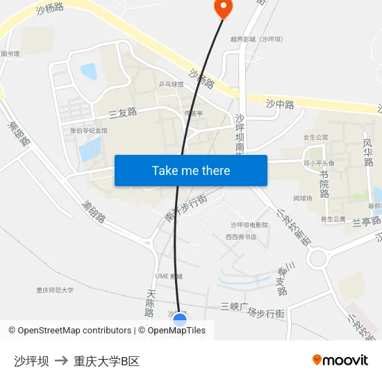 沙坪坝 to 重庆大学B区 map