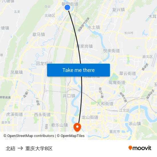 北碚 to 重庆大学B区 map