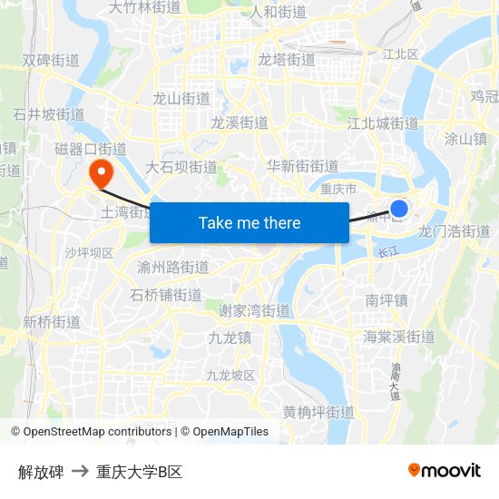 解放碑 to 重庆大学B区 map