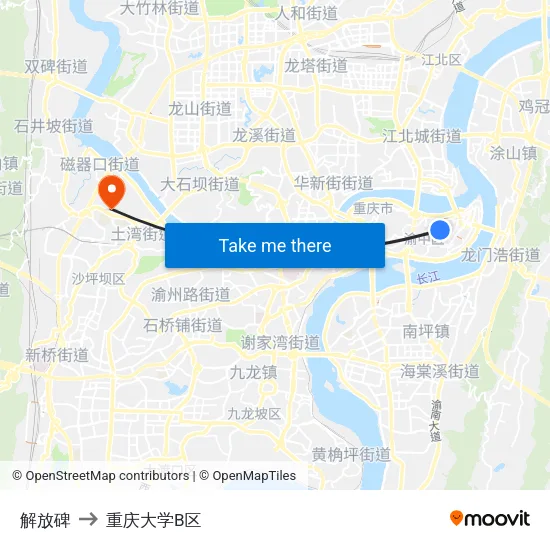 解放碑 to 重庆大学B区 map