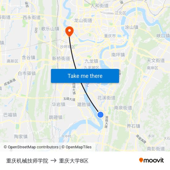 重庆机械技师学院 to 重庆大学B区 map