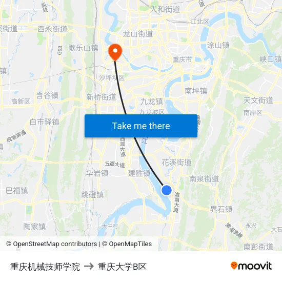 重庆机械技师学院 to 重庆大学B区 map