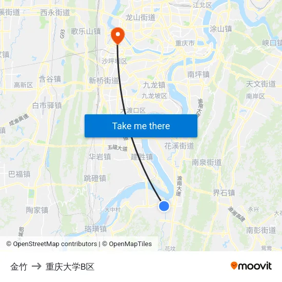 金竹 to 重庆大学B区 map