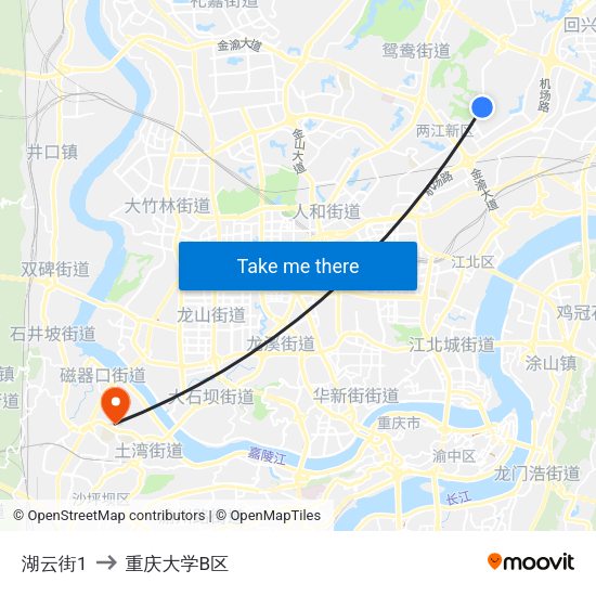 湖云街1 to 重庆大学B区 map