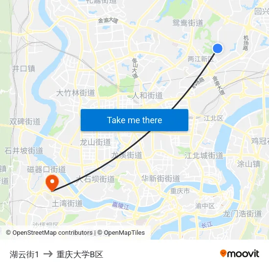 湖云街1 to 重庆大学B区 map
