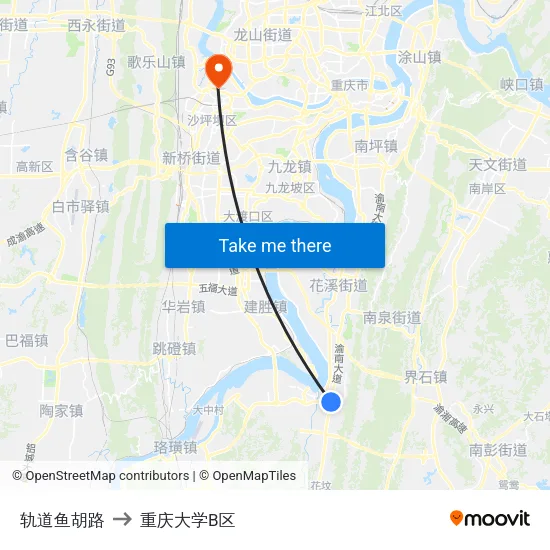 轨道鱼胡路 to 重庆大学B区 map