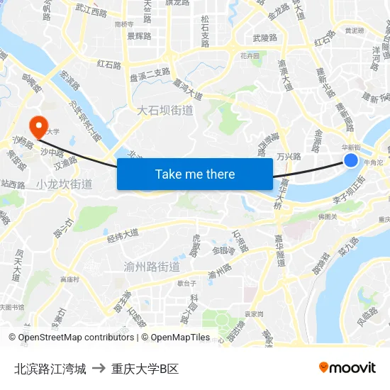 北滨路江湾城 to 重庆大学B区 map