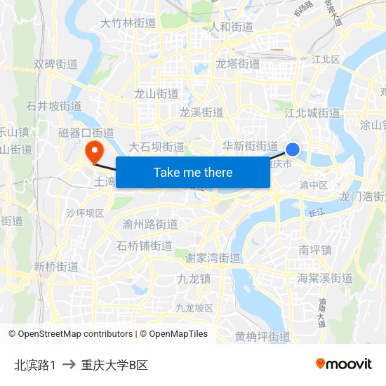 北滨路1 to 重庆大学B区 map