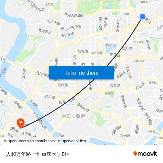 人和万年路 to 重庆大学B区 map