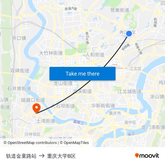 轨道金童路站 to 重庆大学B区 map
