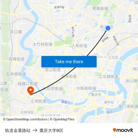 轨道金童路站 to 重庆大学B区 map