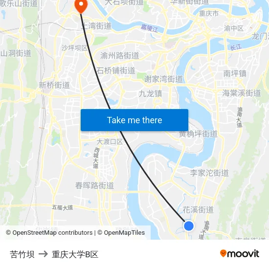 苦竹坝 to 重庆大学B区 map