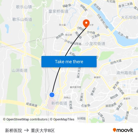 新桥医院 to 重庆大学B区 map