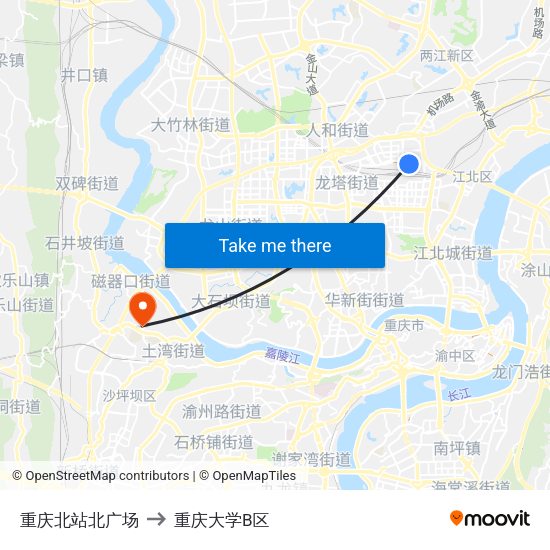 重庆北站北广场 to 重庆大学B区 map