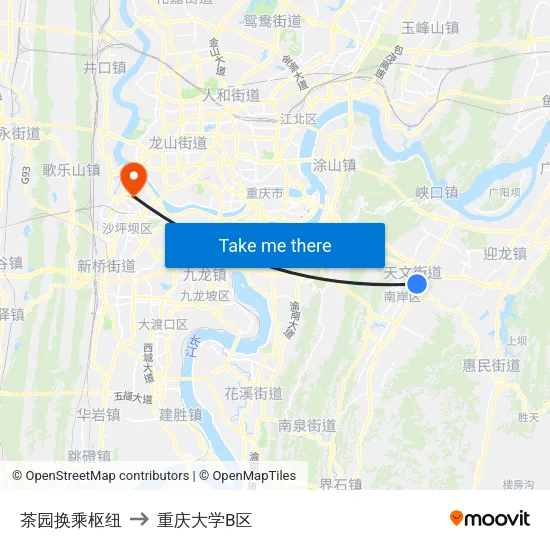 茶园换乘枢纽 to 重庆大学B区 map