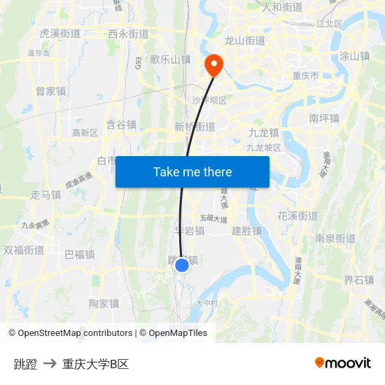 跳蹬 to 重庆大学B区 map
