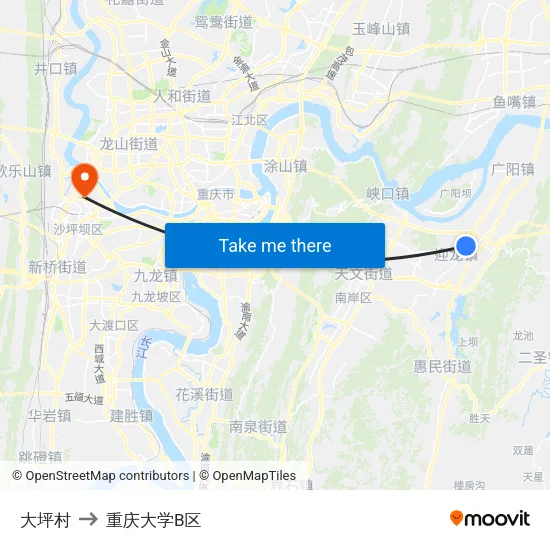 大坪村 to 重庆大学B区 map