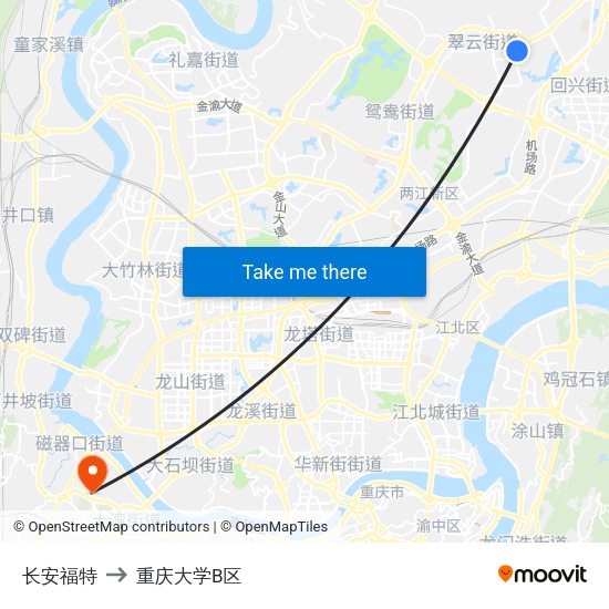 长安福特 to 重庆大学B区 map