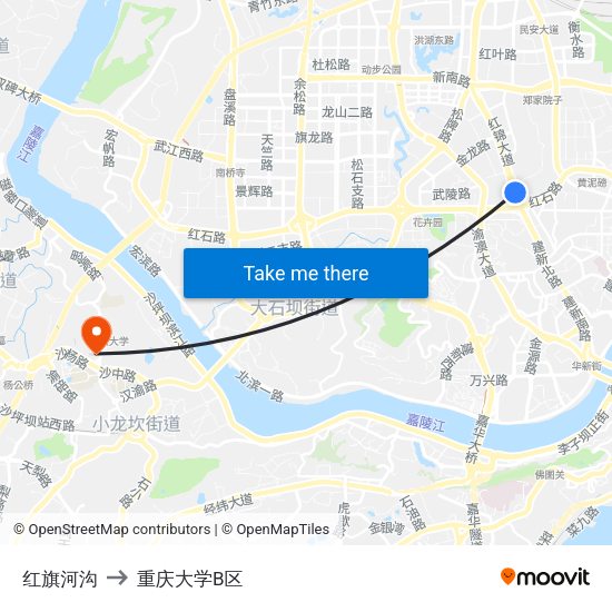 红旗河沟 to 重庆大学B区 map