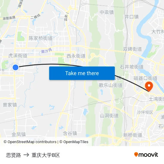 思贤路 to 重庆大学B区 map