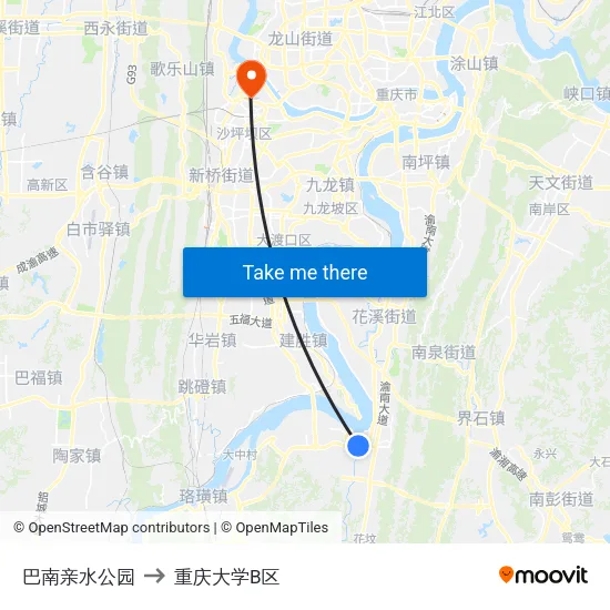 巴南亲水公园 to 重庆大学B区 map