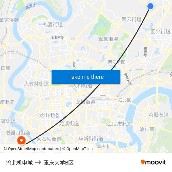 渝北机电城 to 重庆大学B区 map