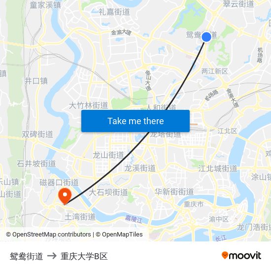 鸳鸯街道 to 重庆大学B区 map