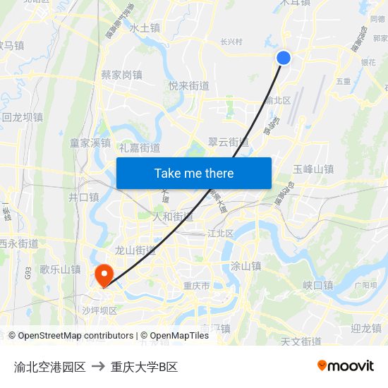 渝北空港园区 to 重庆大学B区 map
