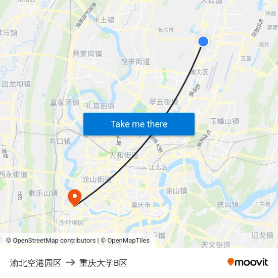 渝北空港园区 to 重庆大学B区 map