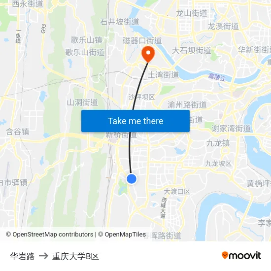 华岩路 to 重庆大学B区 map