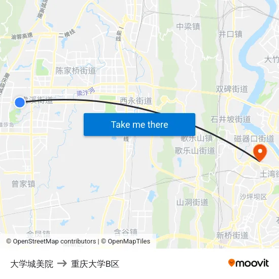 大学城美院 to 重庆大学B区 map