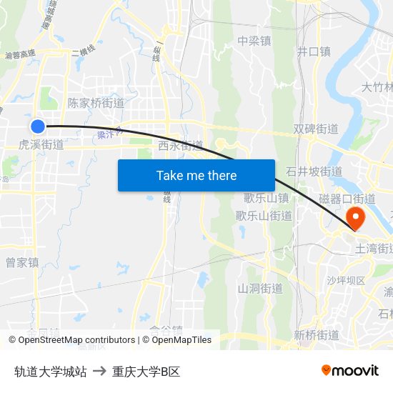 轨道大学城站 to 重庆大学B区 map