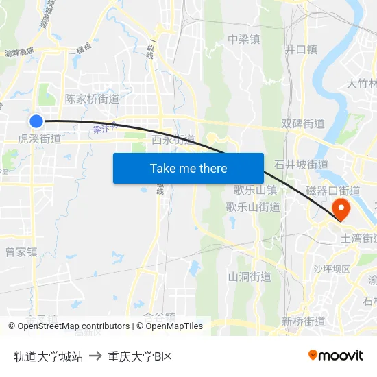 轨道大学城站 to 重庆大学B区 map