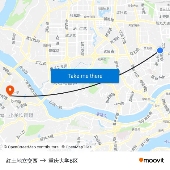 红土地立交西 to 重庆大学B区 map