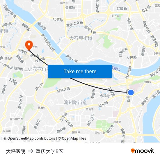 大坪医院 to 重庆大学B区 map