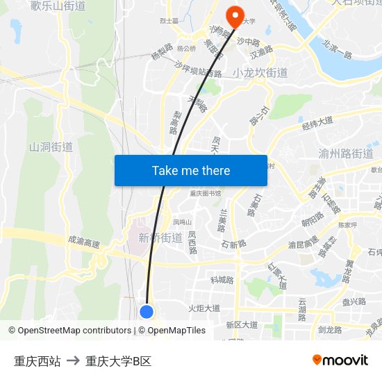重庆西站 to 重庆大学B区 map