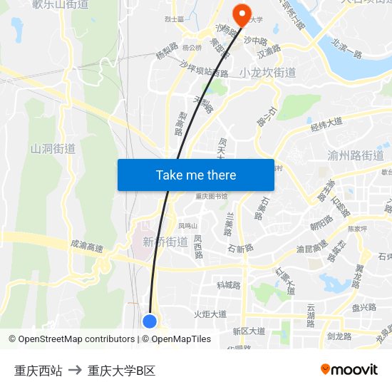 重庆西站 to 重庆大学B区 map