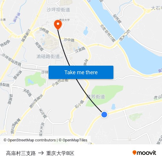 高庙村三支路 to 重庆大学B区 map