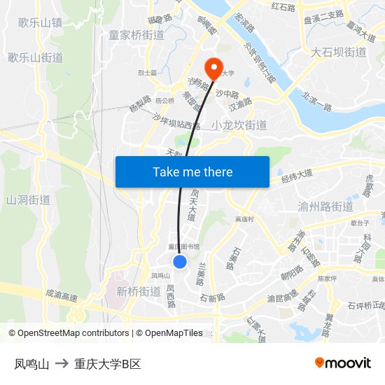 凤鸣山 to 重庆大学B区 map