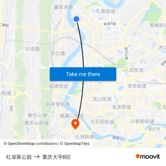 红崖寨公园 to 重庆大学B区 map