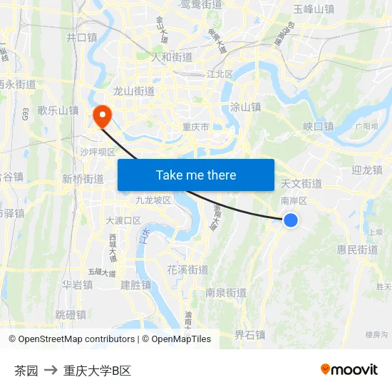 茶园 to 重庆大学B区 map