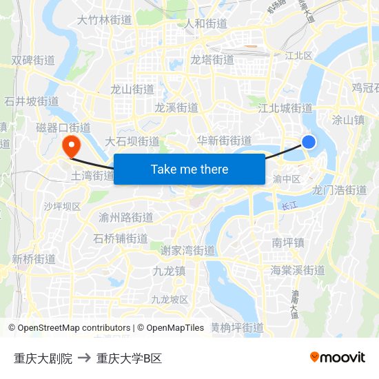 重庆大剧院 to 重庆大学B区 map
