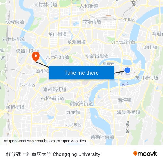 解放碑 to 重庆大学 Chongqing University map