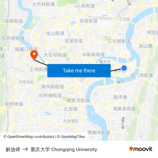 解放碑 to 重庆大学 Chongqing University map
