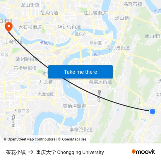 茶花小镇 to 重庆大学 Chongqing University map